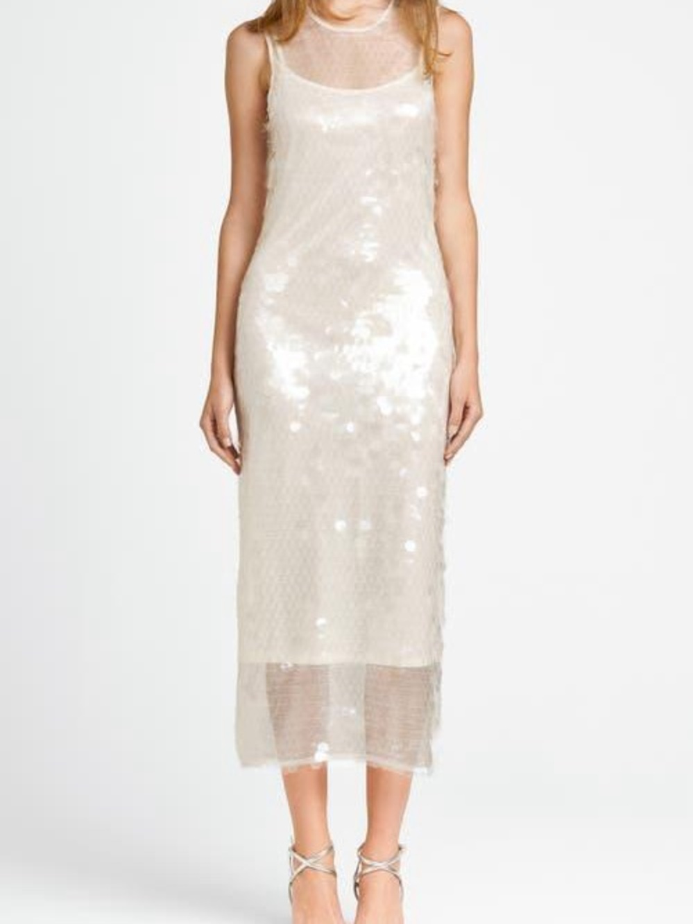 WAYF Sheer Sequin Slip Midi Dress in Ivory size M